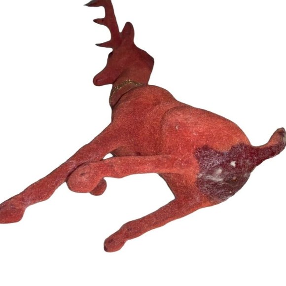 Red Flocked Felt Christmas Reindeer 2 Vintage Deer - Picture 12 of 16